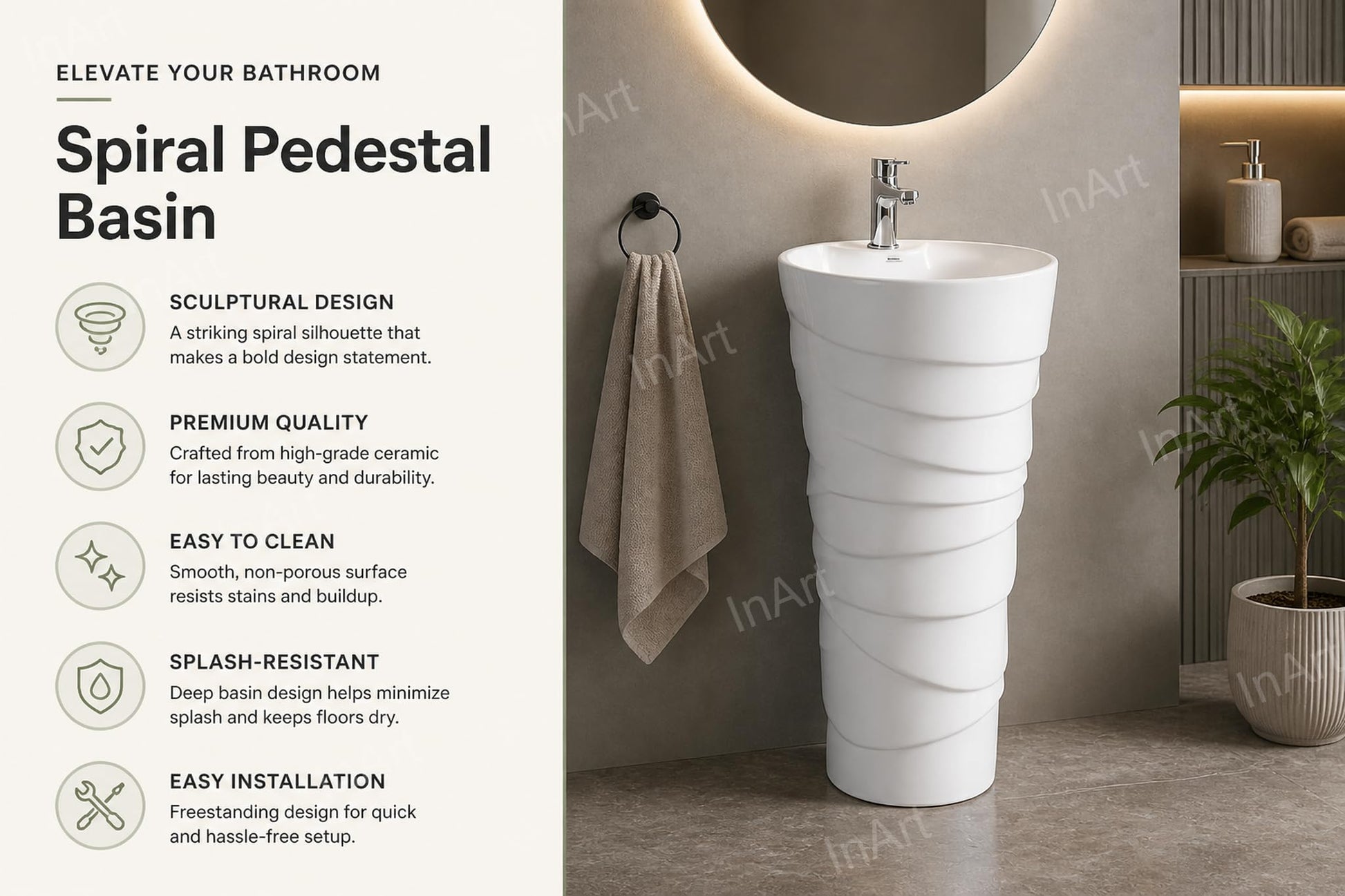 Modern pedestal wash basin for bathroom, round ceramic one piece pedestal, side angle view