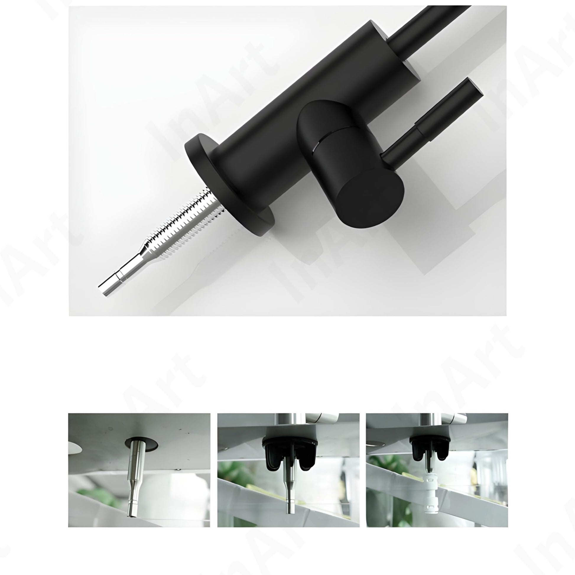 Installed InArt kitchen tap with drinking water filter outlet, matte black square 360° swivel RO tap