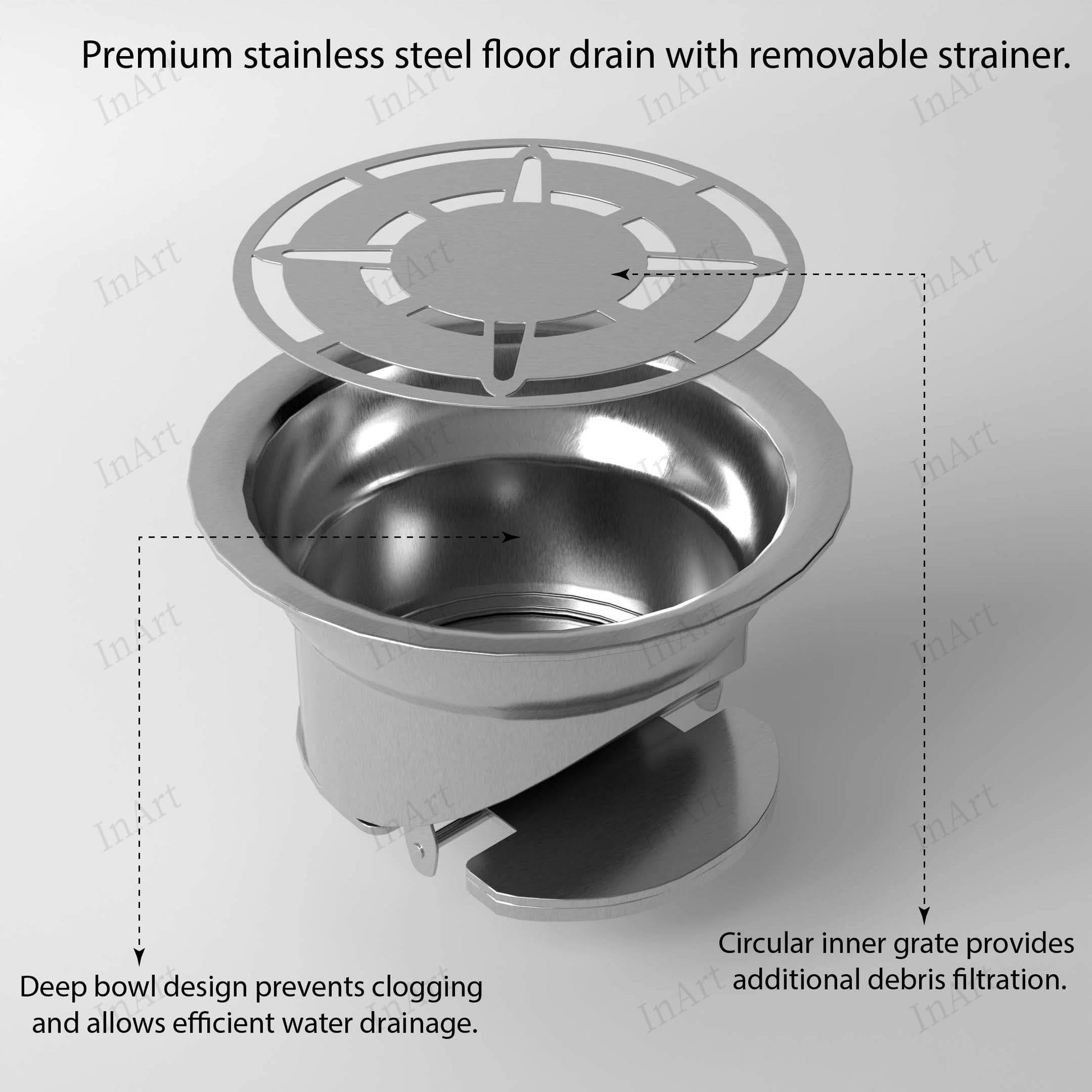 InArt bathroom floor drain cover with grid cut design, 5x5 inch stainless steel jali side angle