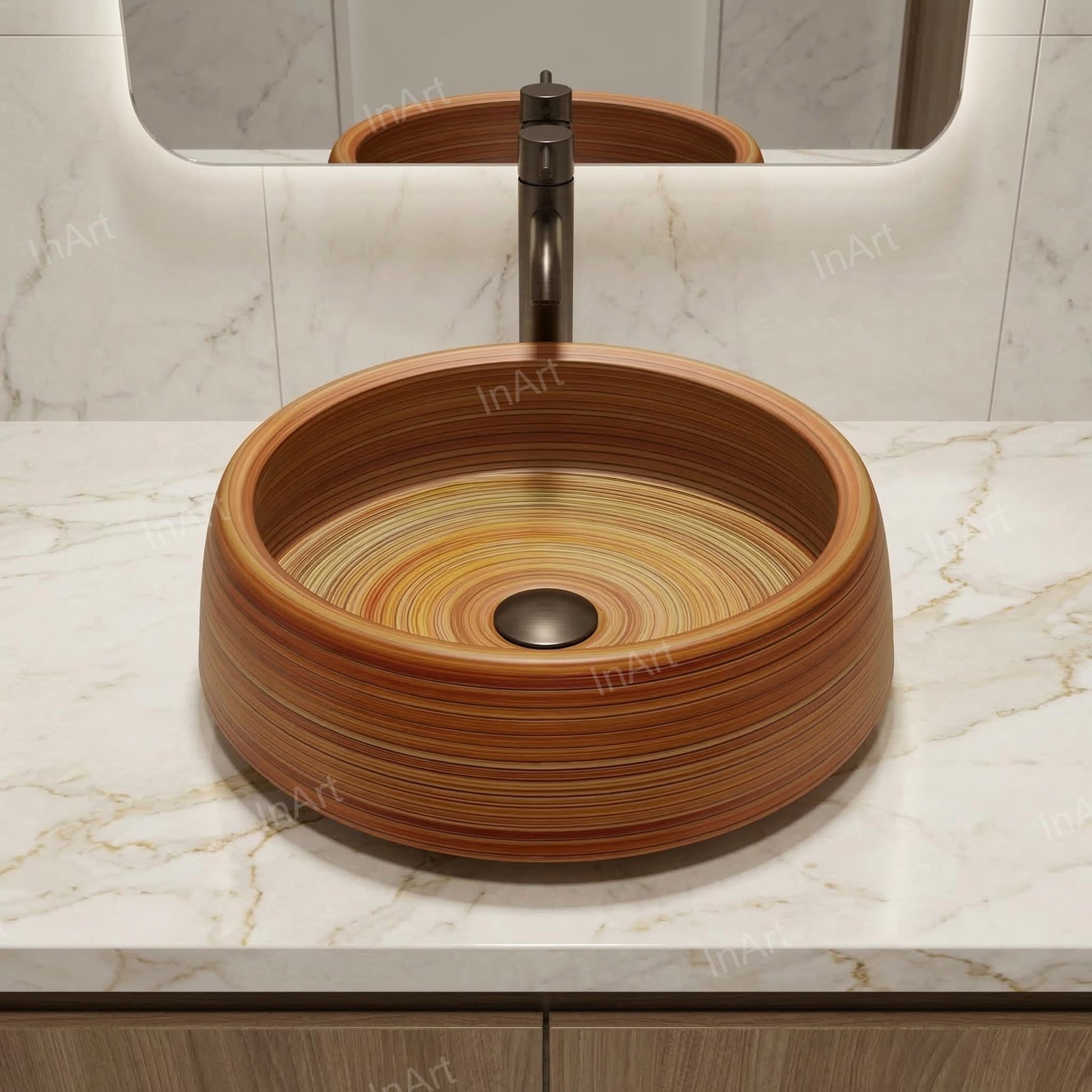 InArt tabletop washbasin 42x42 cm square ceramic basin, close-up of wooden brown finish texture