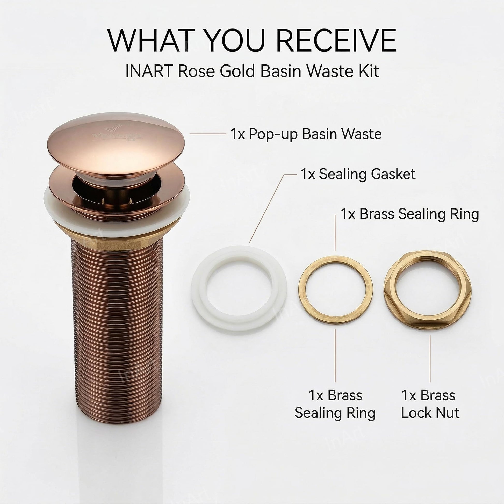 Rose gold brass waste coupling with pop-up stopper for wash basin, round 5 inch bathroom drain fitting