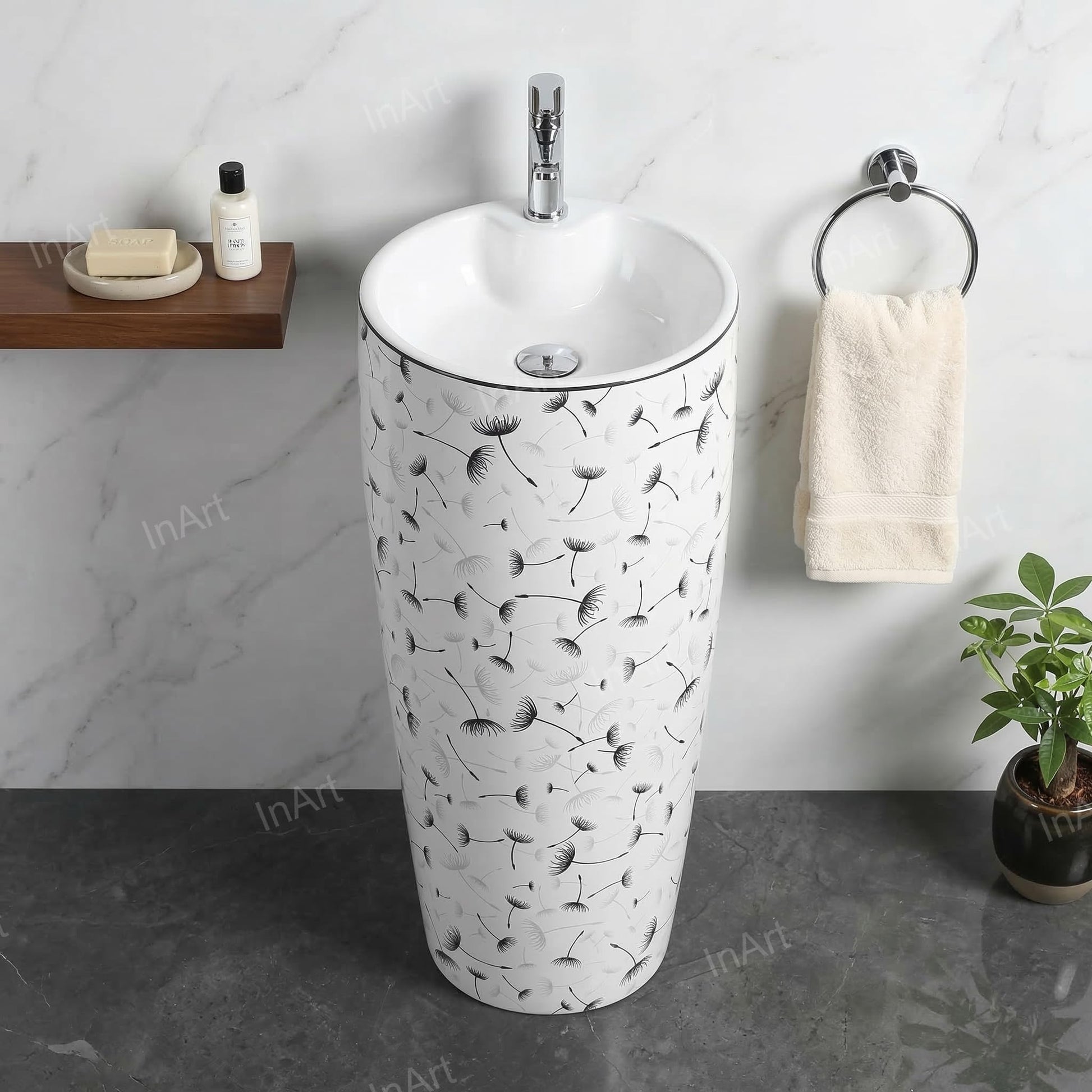 InArt free standing wash basin for bathroom, glossy ceramic round pedestal with black floral print detail