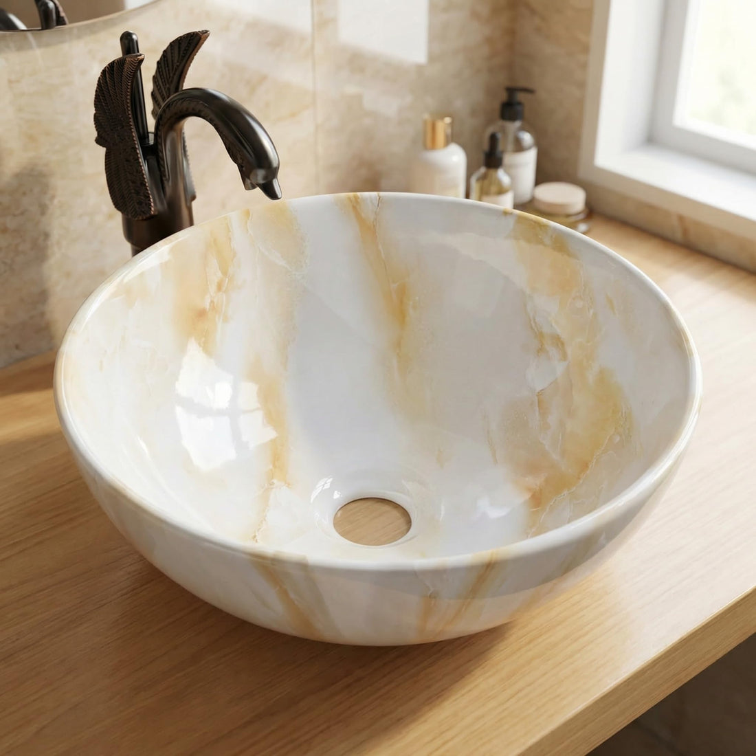 InArt ceramic table top wash basin, round glossy onyx finish, main front view
