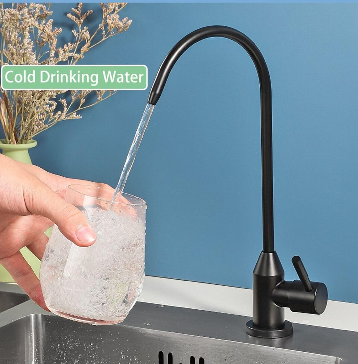Close-up of InArt RO faucet tap spout in matte black, stainless steel drinking water filter tap detail