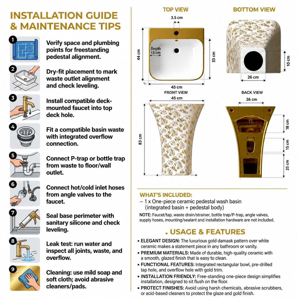 InArt modern designer pedestal wash basin for bathroom, premium sanitaryware look in glossy gold white