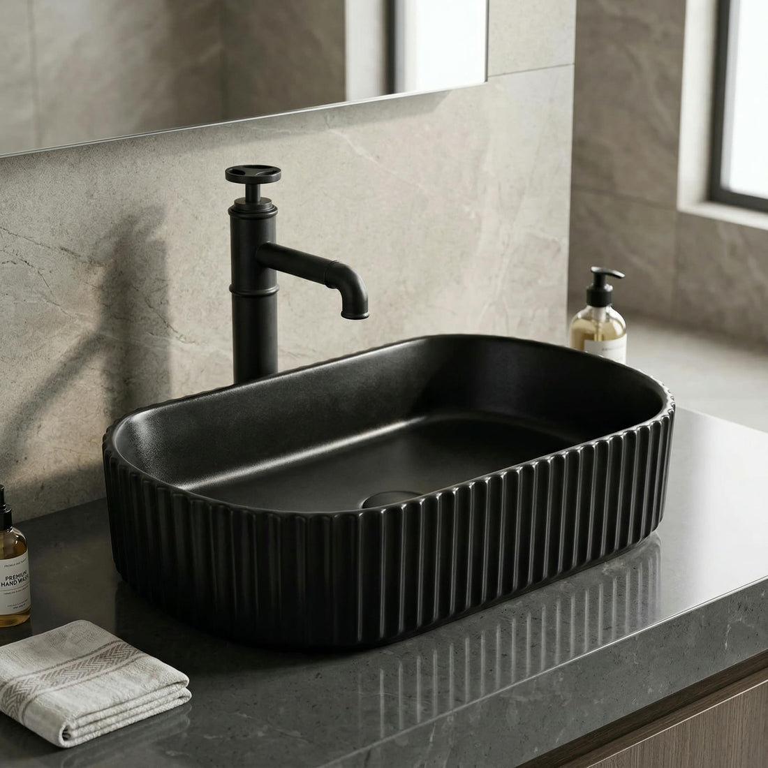 InArt ceramic rectangular table top wash basin, matte black finish, 51x31 cm counter top design