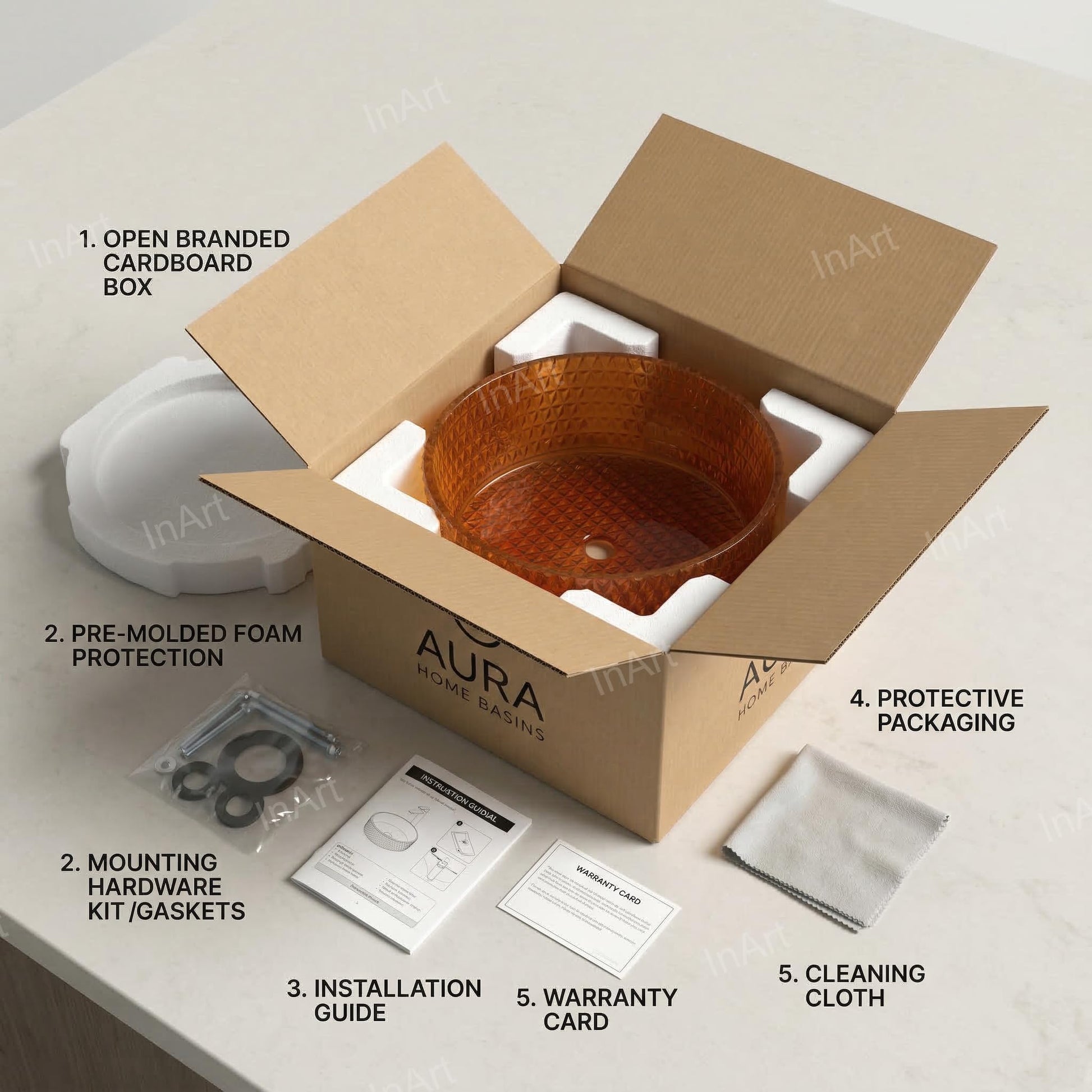 Expensive wash basin style amber round glass basin for upscale washroom vanity, top view