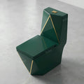 Single piece western commode floor mounted EWC S trap, green ceramic with blue flush tank, 3/4 angle view