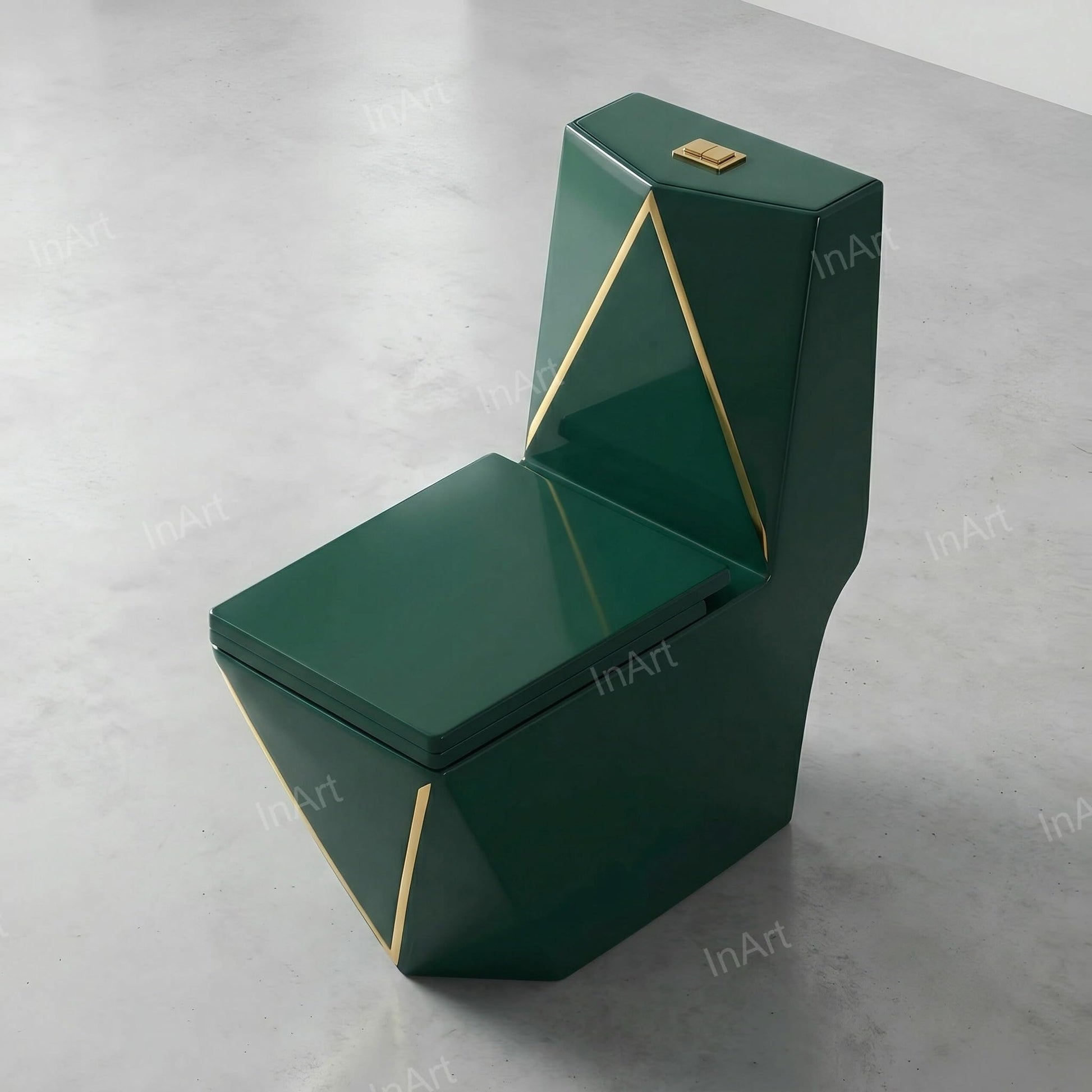 Single piece western commode floor mounted EWC S trap, green ceramic with blue flush tank, 3/4 angle view