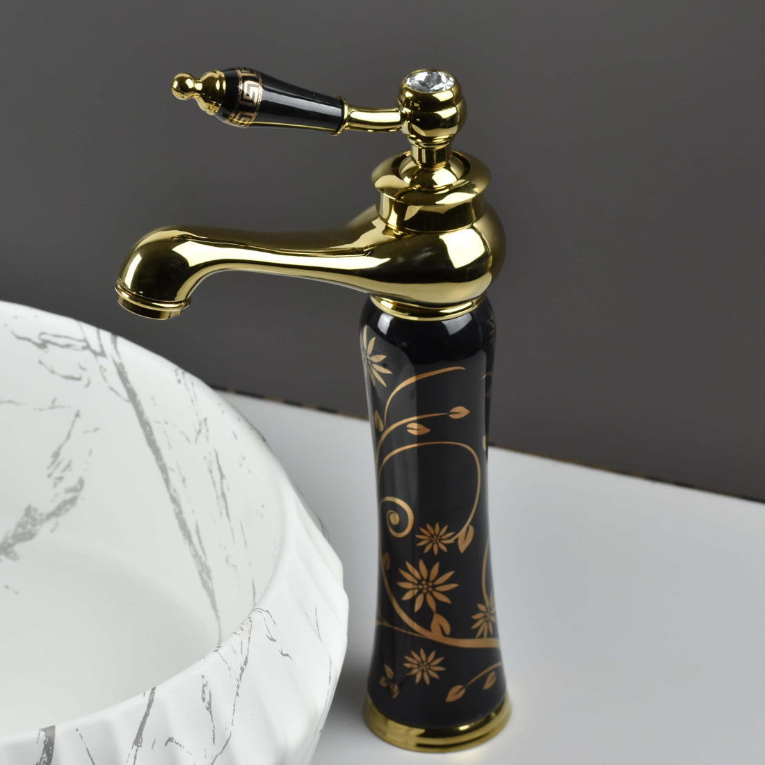 InArt single lever basin mixer tap in black gold zinc alloy with waterfall spout, hot and cold water
