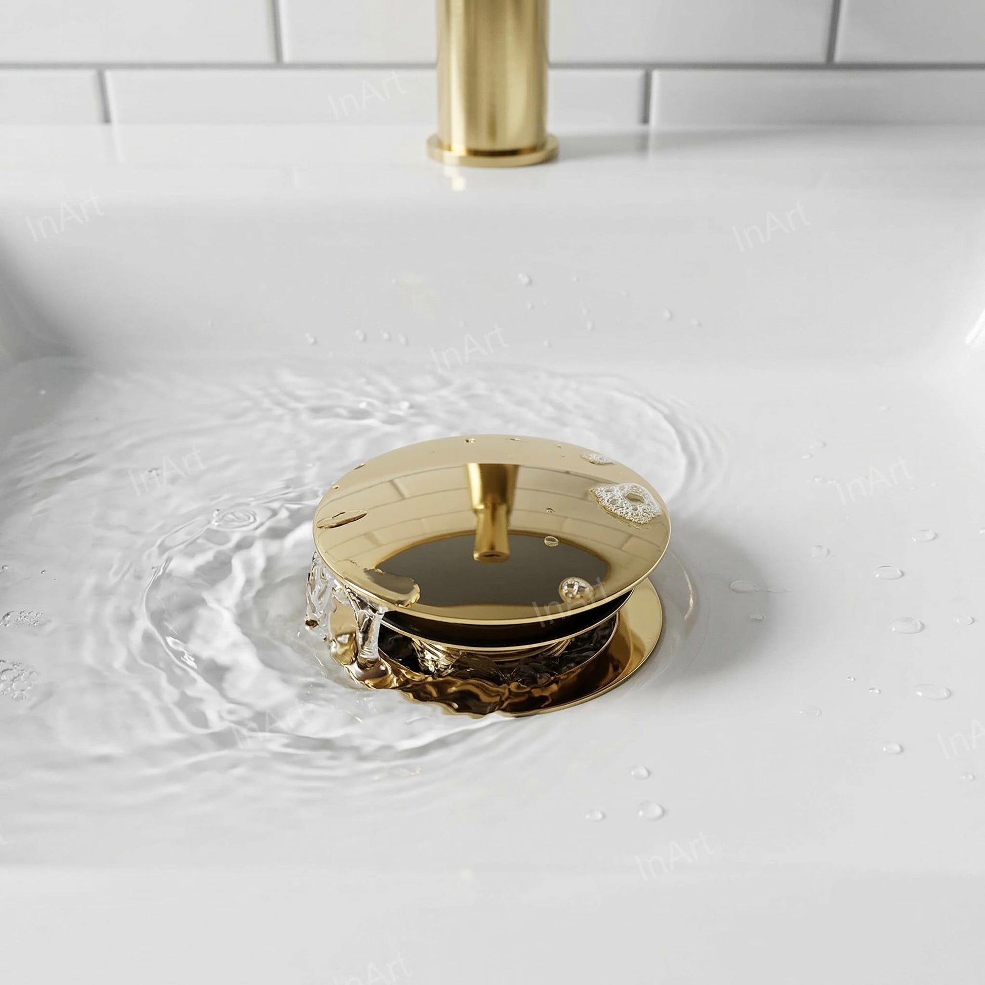 InArt wash basin waste kit 32 mm with pop-up stopper, close-up of brass basin waste coupling full threaded