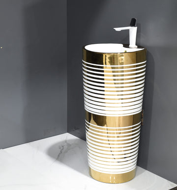 InArt dining hall wash basin cabinet style ceramic round pedestal wash basin in glossy golden finish, front view