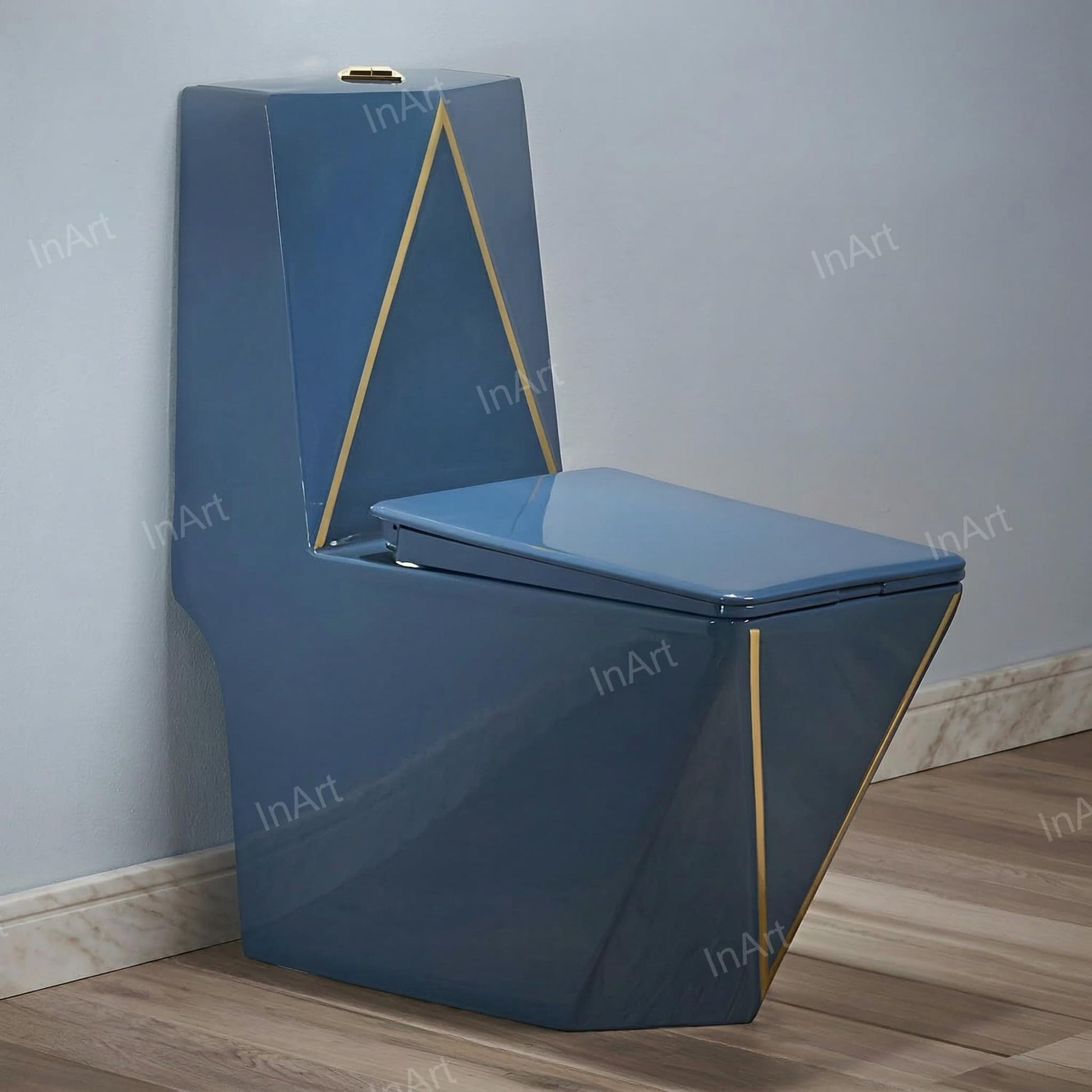 InArt ceramic floor mounted western toilet with soft close hydraulic seat cover, glossy blue one piece commode