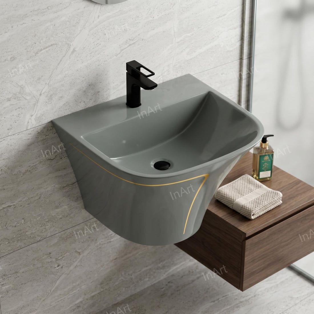 InArt wall mounted wash basin in glossy grey ceramic, rectangular slim rim with half pedestal, front view