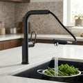 InArt pull out kitchen sink tap showing hot and cold water control lever and smooth matte black finish