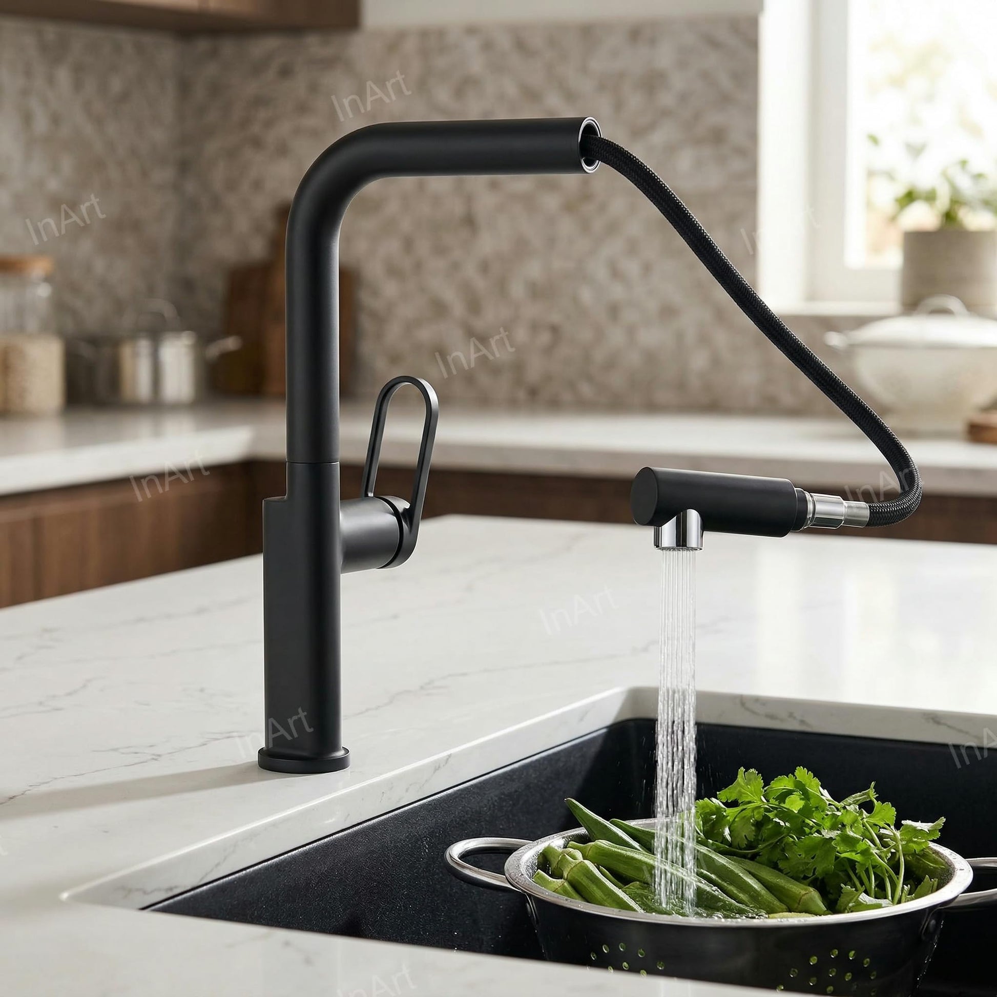 InArt pull out kitchen sink tap showing hot and cold water control lever and smooth matte black finish