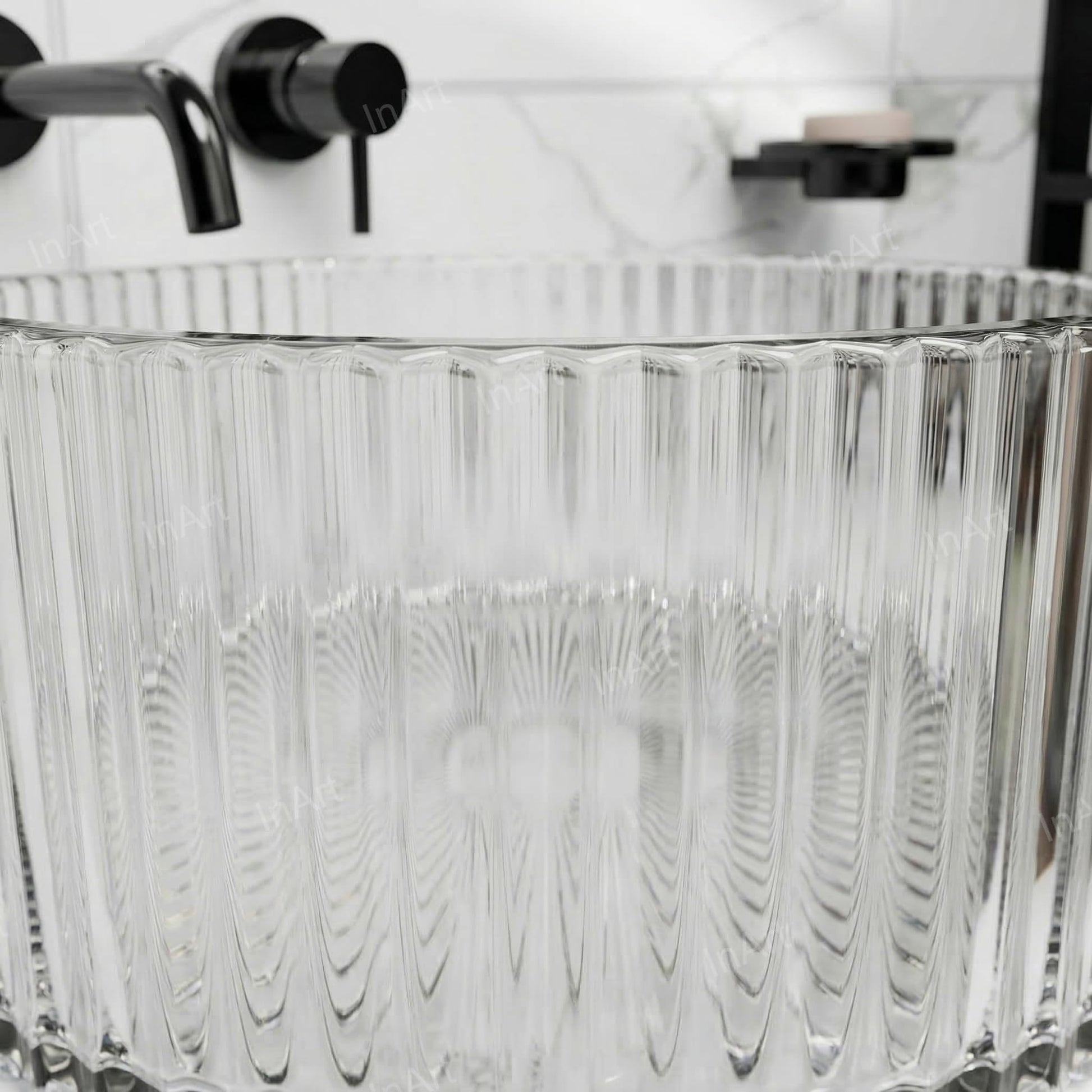 Clear glass wash basin with light-ready look on vanity top, premium round glass countertop basin