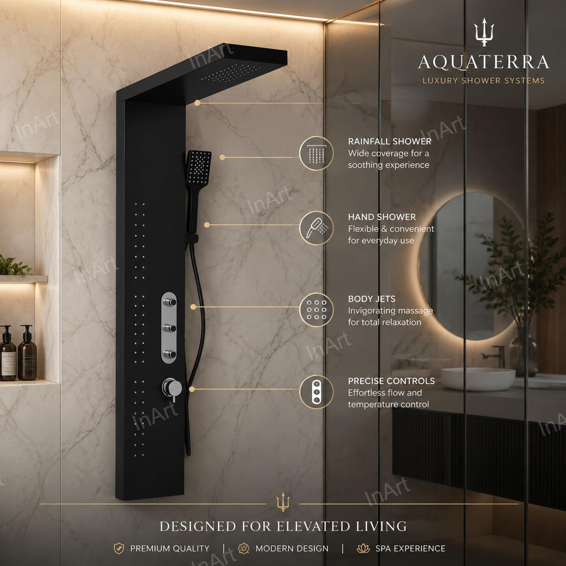 InArt shower mixer panel in matte black 304 stainless steel, rectangular shower panel tower front view