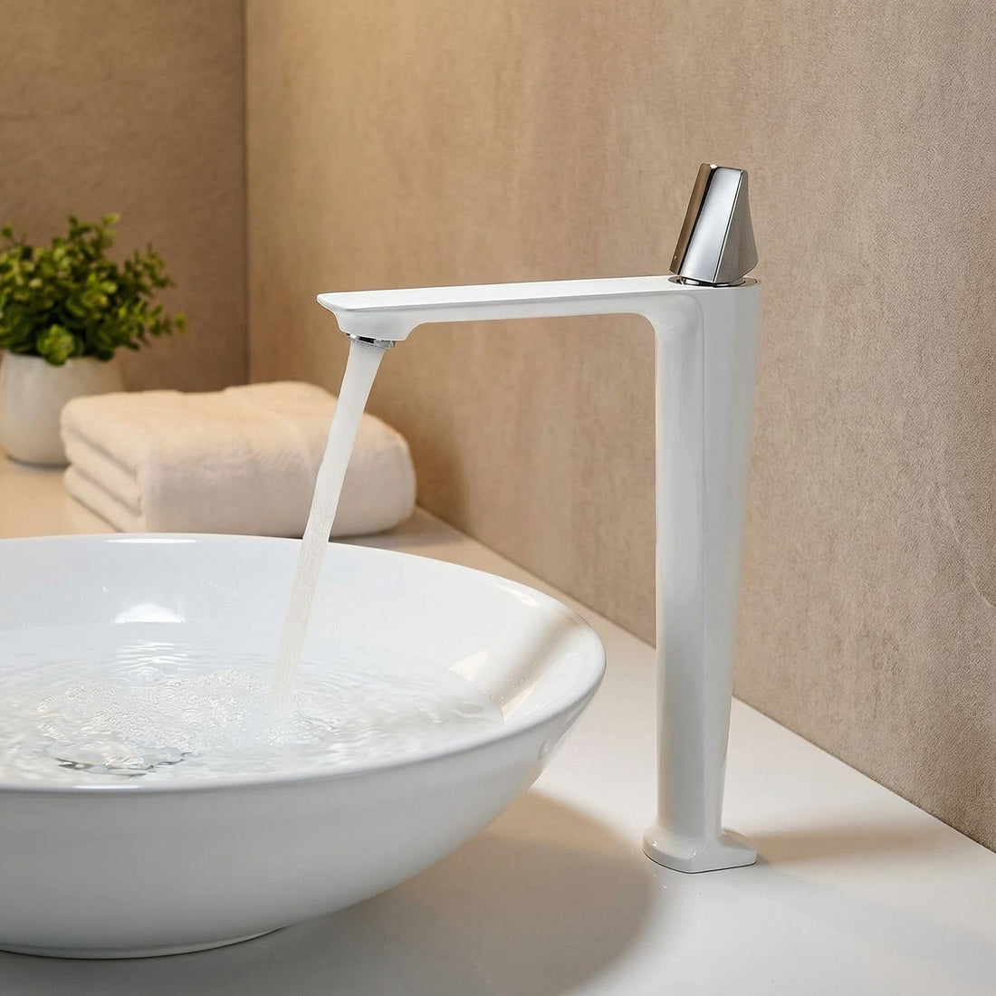 InArt wash basin mixer tap in white finish, high neck brass single lever tall body basin tap