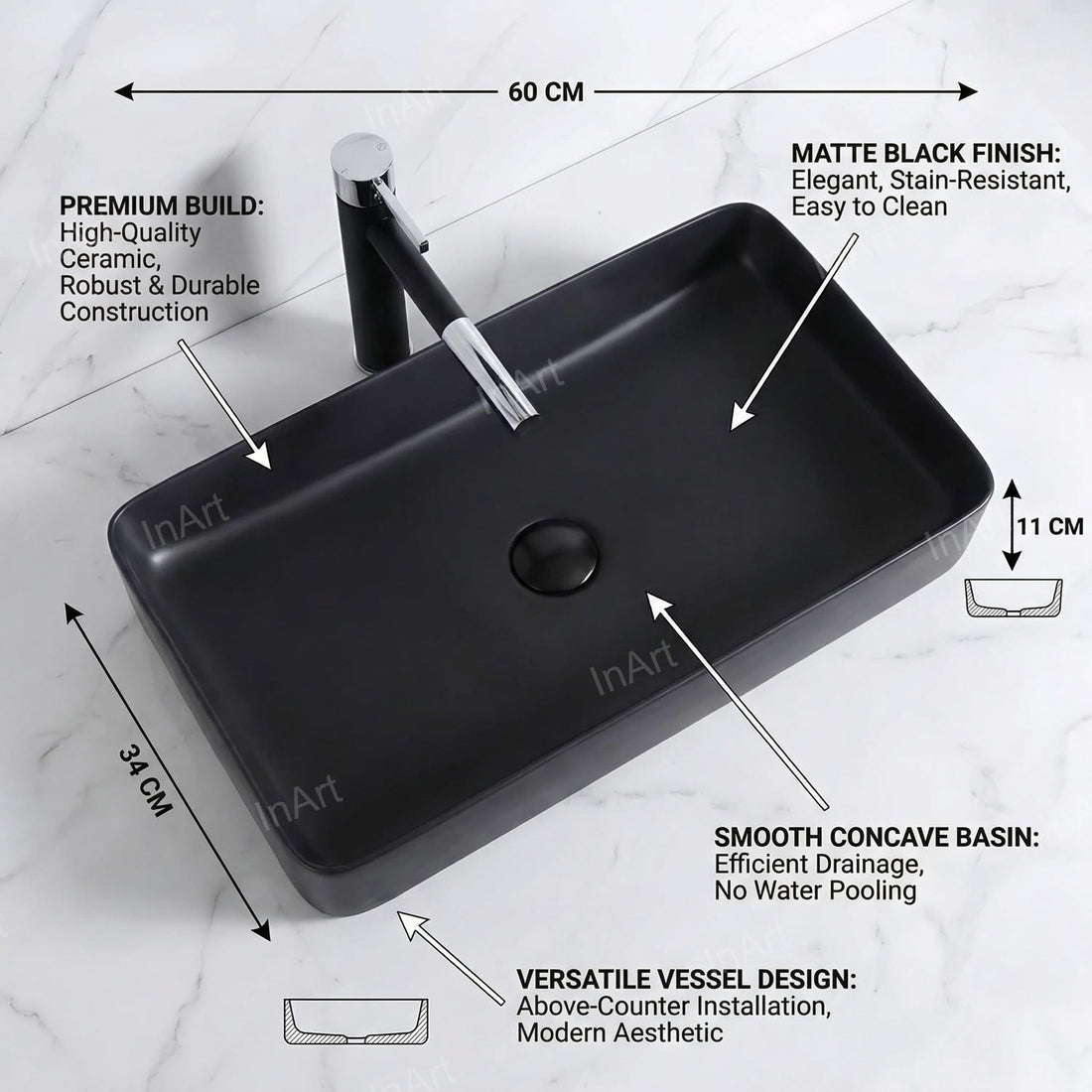 InArt rectangular ceramic table top wash basin in matte black, front view for wash basin price in India