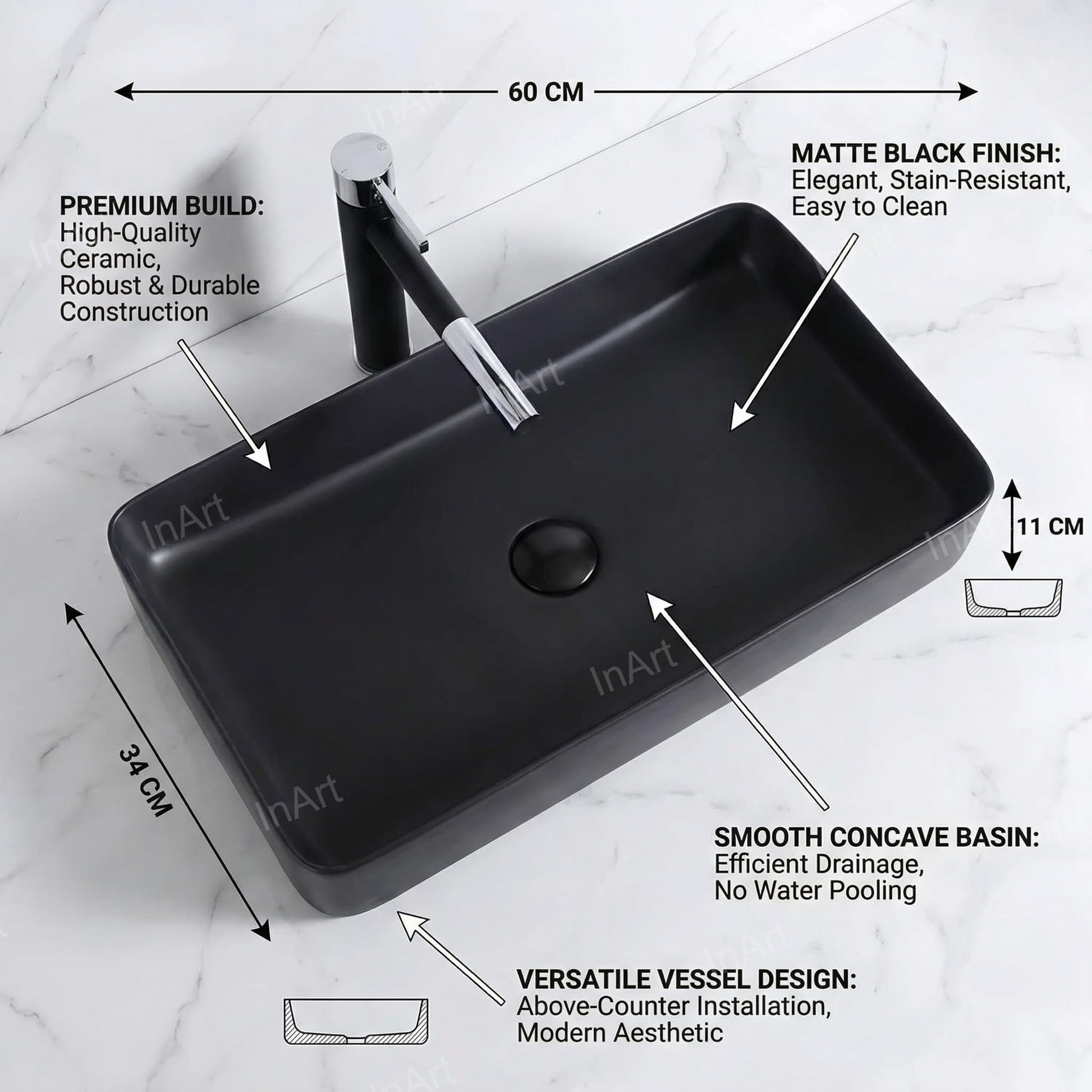 InArt matte black ceramic counter top wash basin, rectangular design, 3/4 angle view for modern bathroom