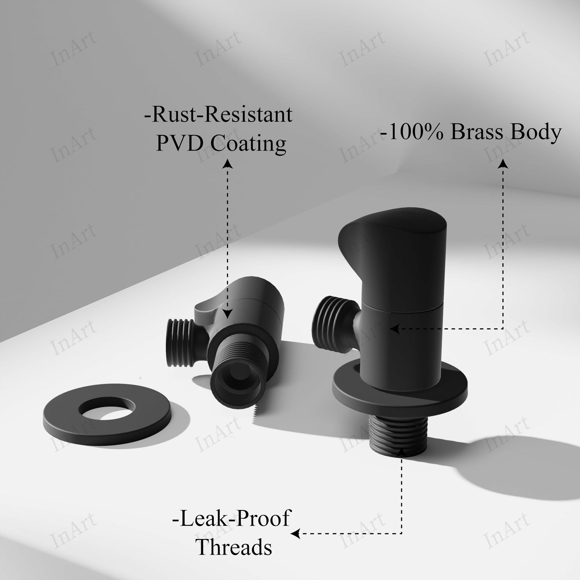 Heavy duty angle cock for bathroom in black matte, close-up of wall flange and 1-way stop cock