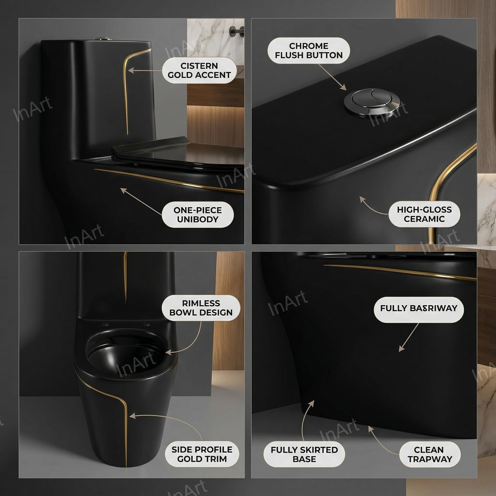 Black and gold western toilet seat, elongated one piece ceramic commode side angle for washroom