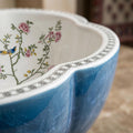 InArt round table top wash basin for modern bathroom, contemporary blue ceramic basin on counter setting
