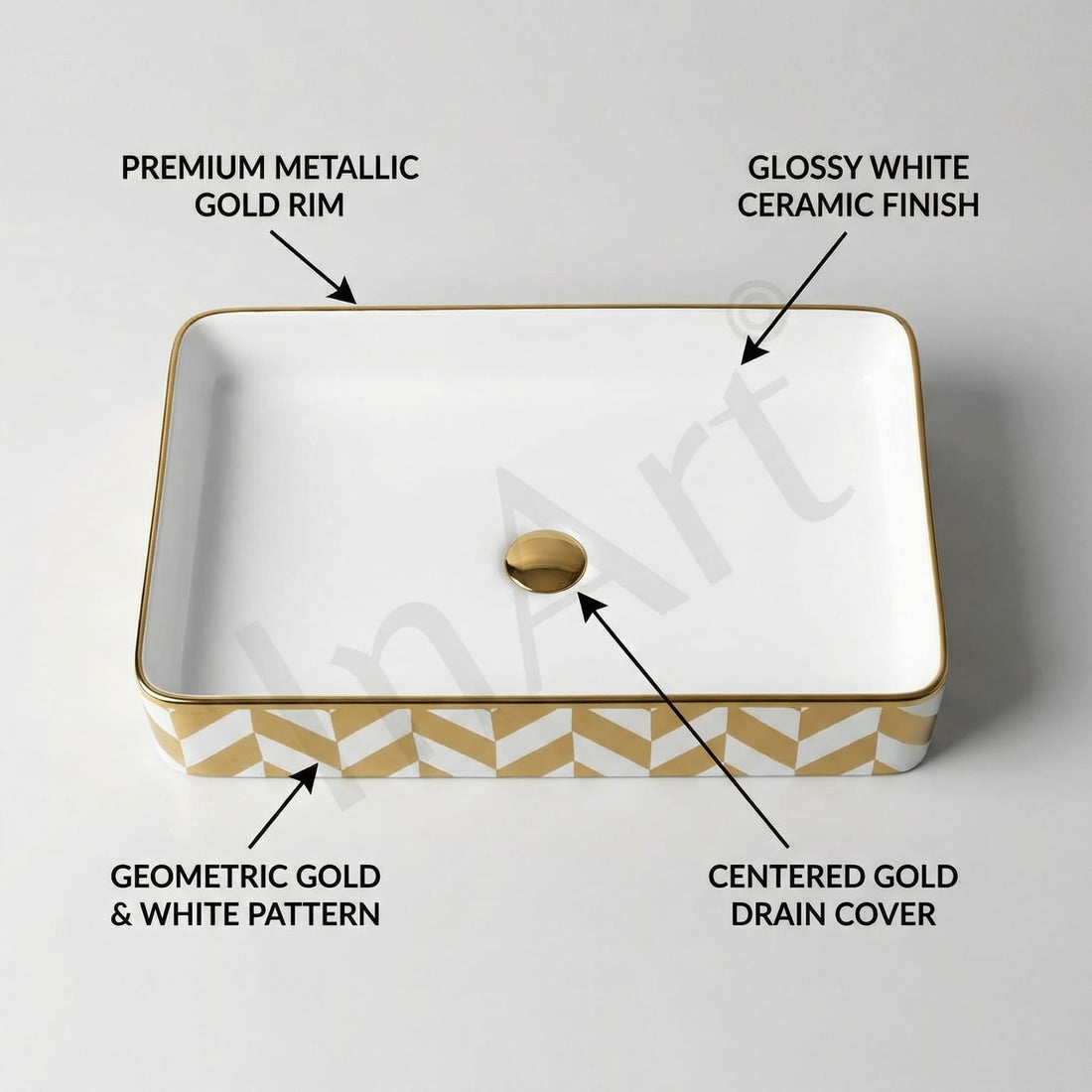 Rectangular ceramic table top wash basin in white and gold electroplated finish