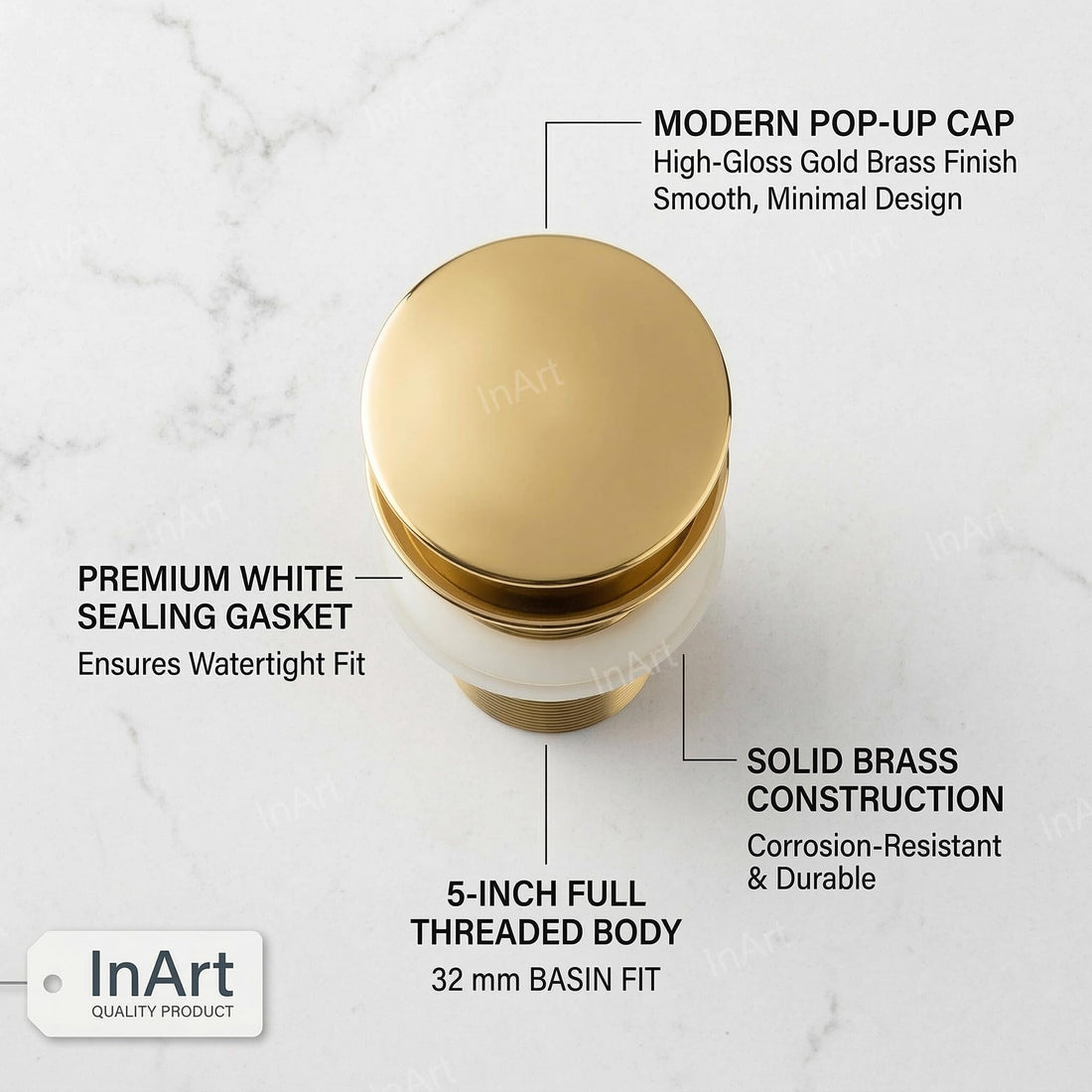 InArt pop up waste coupling for wash basin, round brass gold finish 32mm pop-up basin drainer
