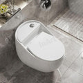 White ceramic single piece closet p trap toilet side view