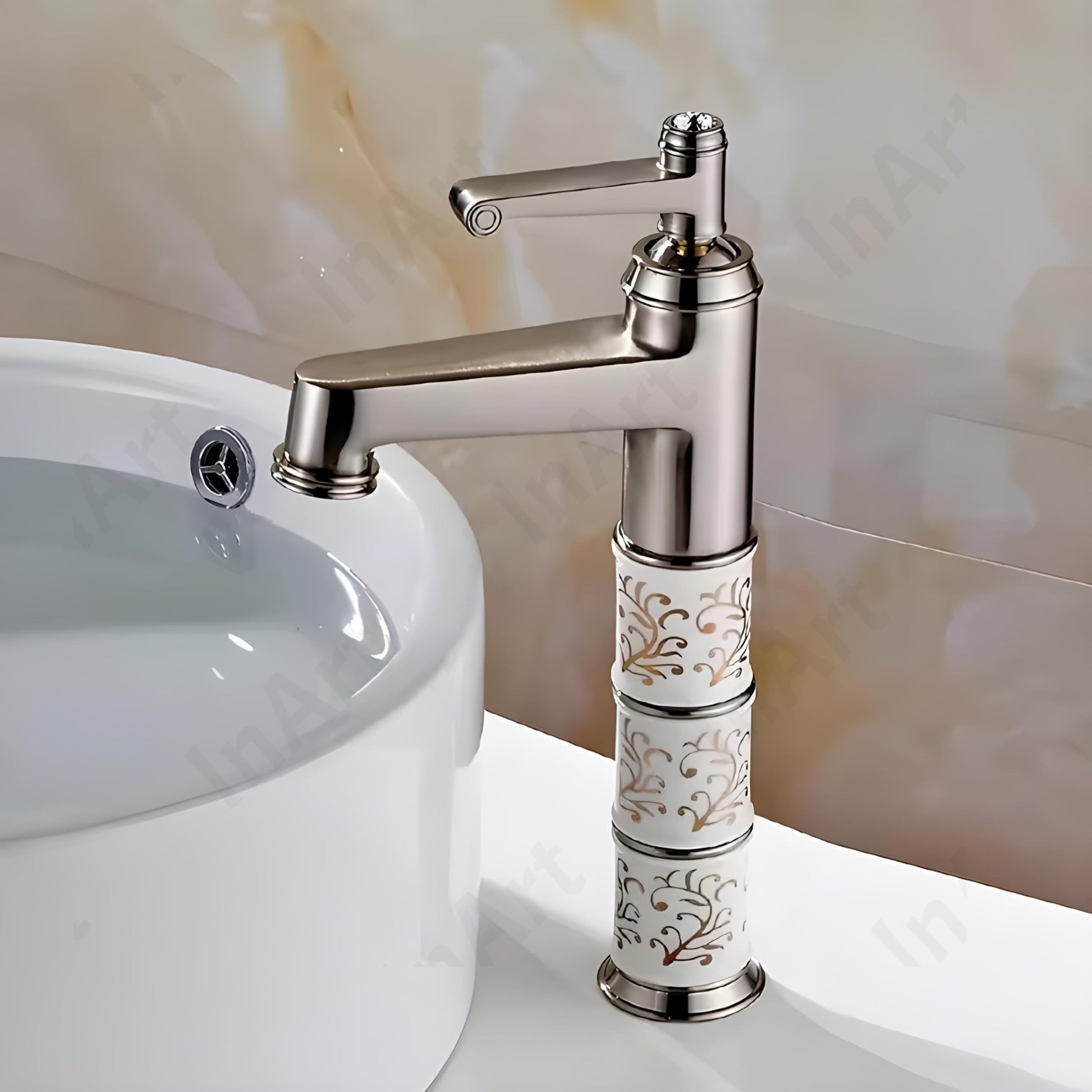 InArt mixer tap wash basin with smooth waterfall flow spout, zinc alloy body, handle detail in silver finish