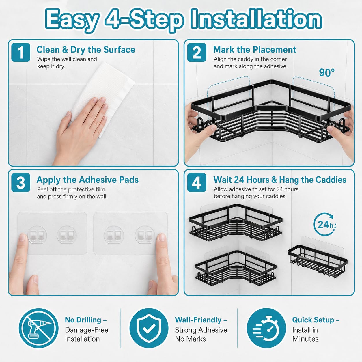 Corner shower storage shelves with wire base for quick water drainage