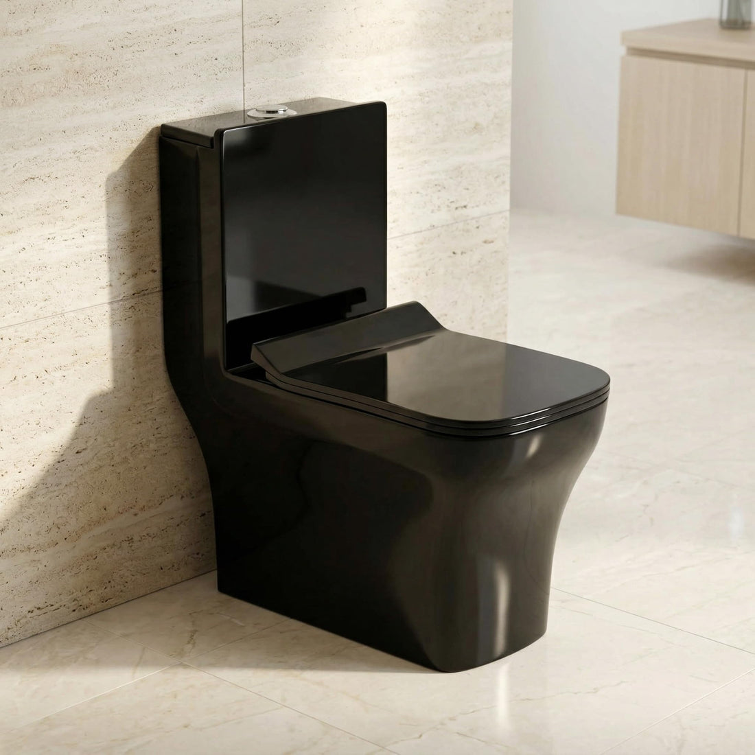 Cera single piece commode by InArt in glossy white ceramic, elongated one piece western toilet front view