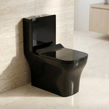 Cera single piece commode by InArt in glossy white ceramic, elongated one piece western toilet front view