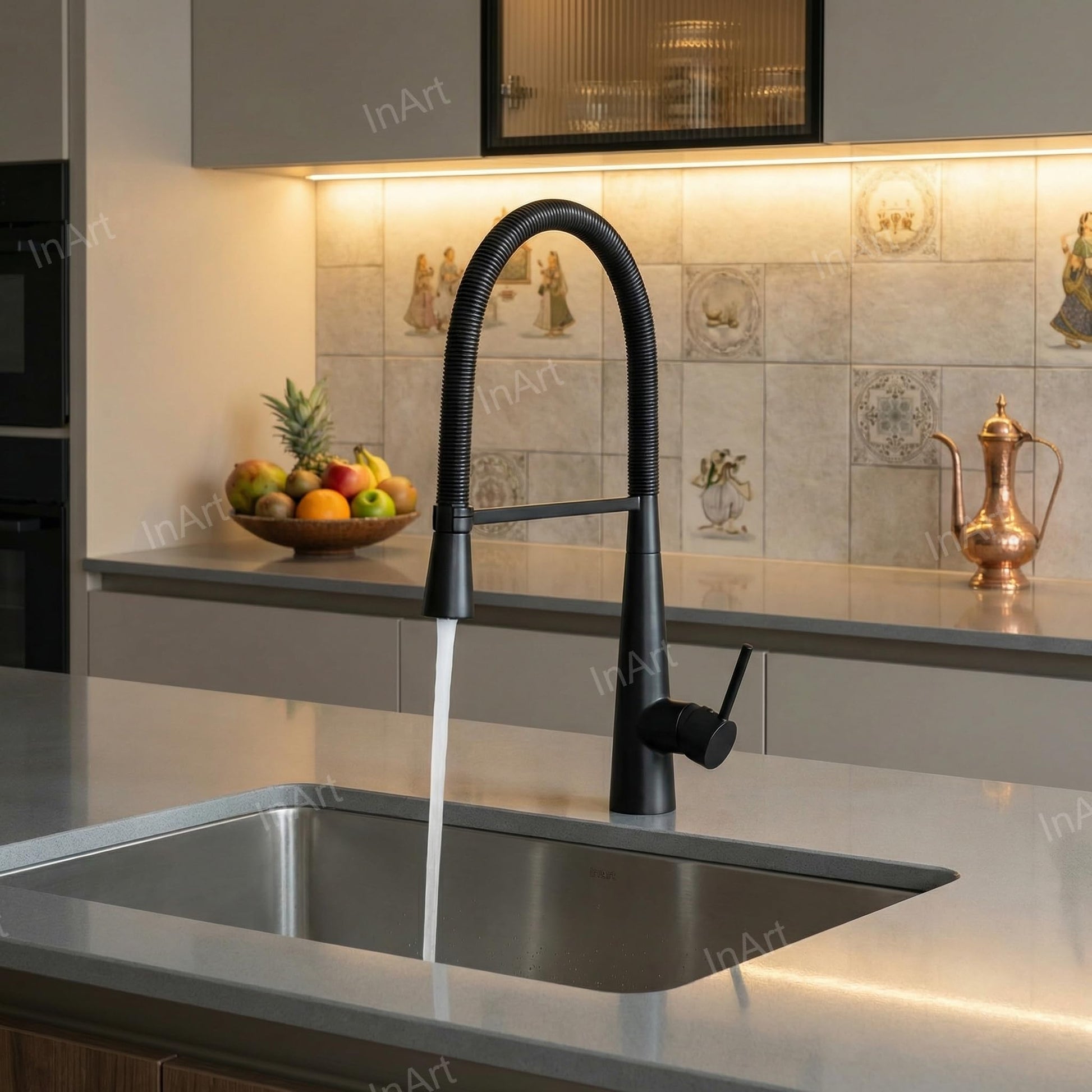 InArt black mixer tap close-up of single lever control and matte black finish on stainless steel body