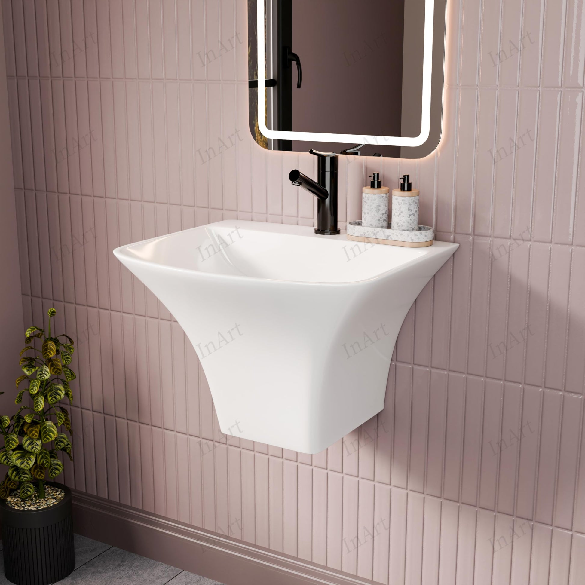 Wall mounted washbasin with half pedestal for Indian washroom, polished white ceramic basin with tap hole, top view
