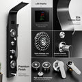 Shower panel with mixer installed in bathroom interior, matte black 304 stainless steel tower with jets