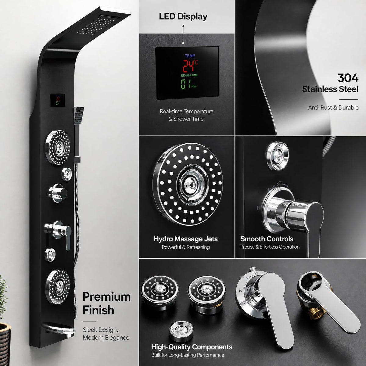 Shower panel with mixer installed in bathroom interior, matte black 304 stainless steel tower with jets