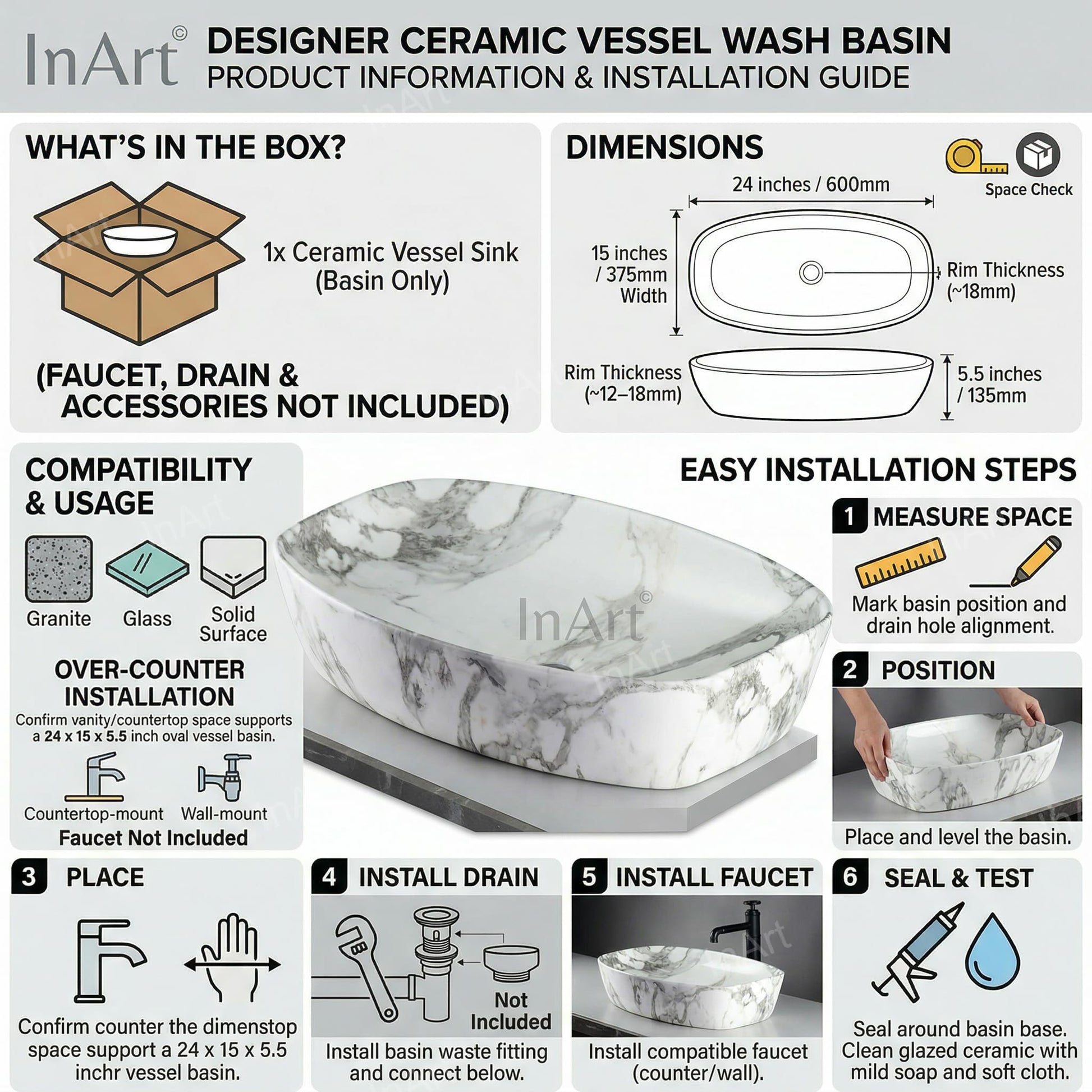 InArt wash basin design table top for bathroom vanity, premium ceramic basin in white grey marble look