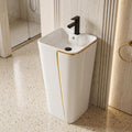 Wash basin for living room by InArt, round ceramic pedestal wash basin in glossy white gold, front view