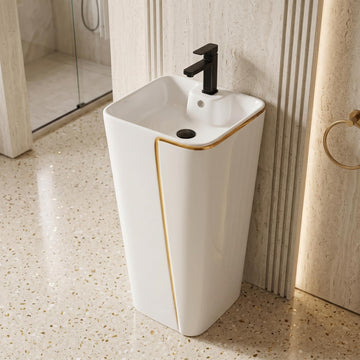 Wash basin for living room by InArt, round ceramic pedestal wash basin in glossy white gold, front view