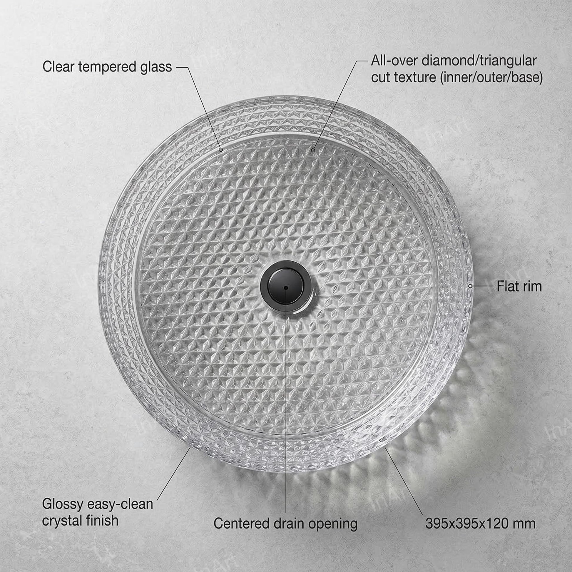 Designer transparent glass wash basin design, square diamond shape table top basin, side angle view