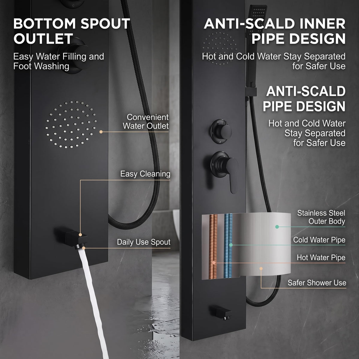Handshower with hose on InArt black shower panel, wall-mounted rectangular shower column