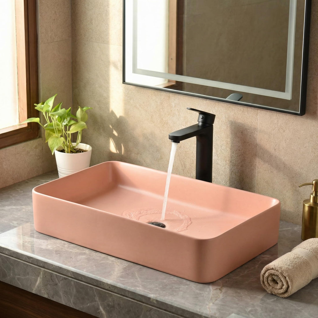 InArt wash basin cabinet ceramic rectangular pink table top wash basin, front view