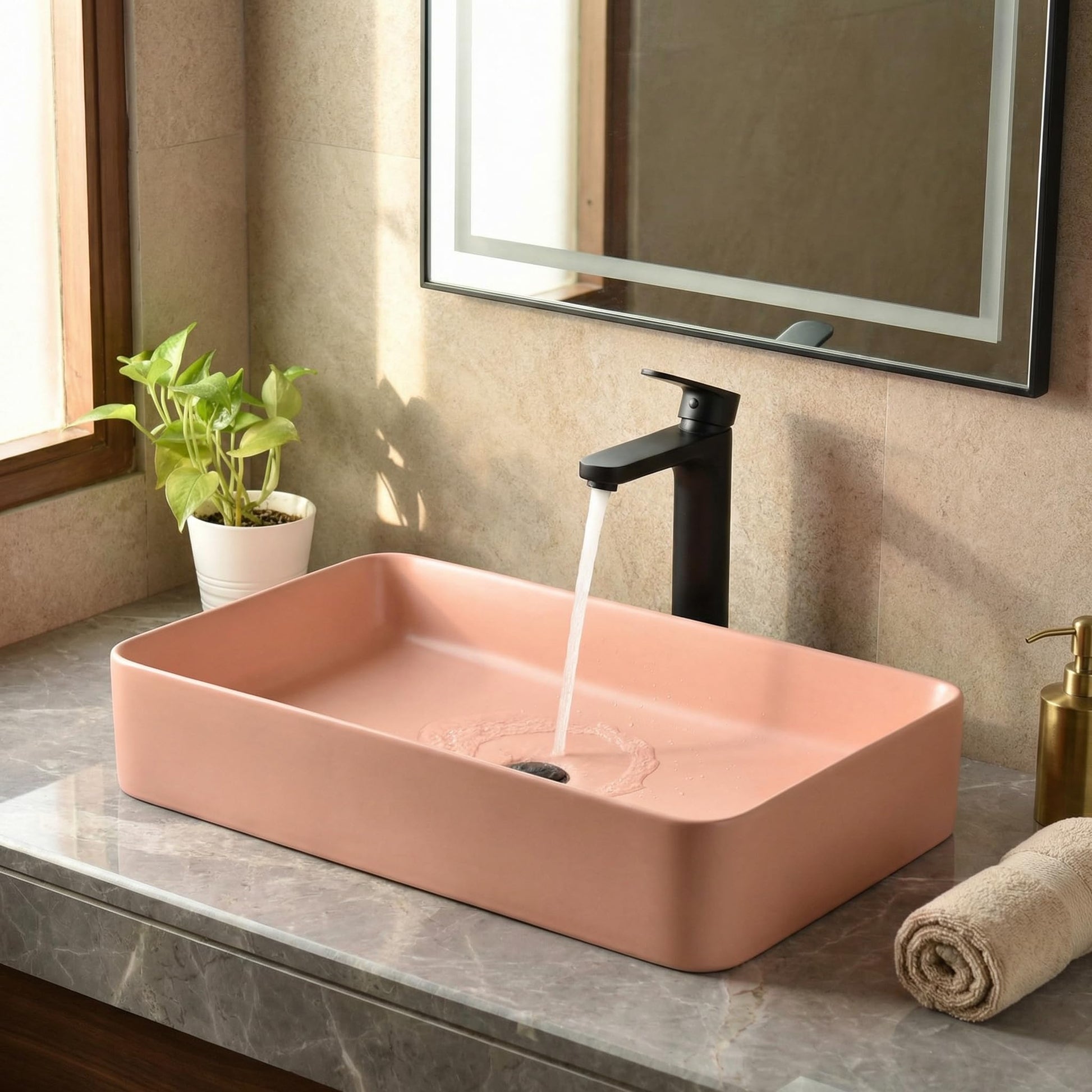 InArt wash basin cabinet ceramic rectangular pink table top wash basin, front view
