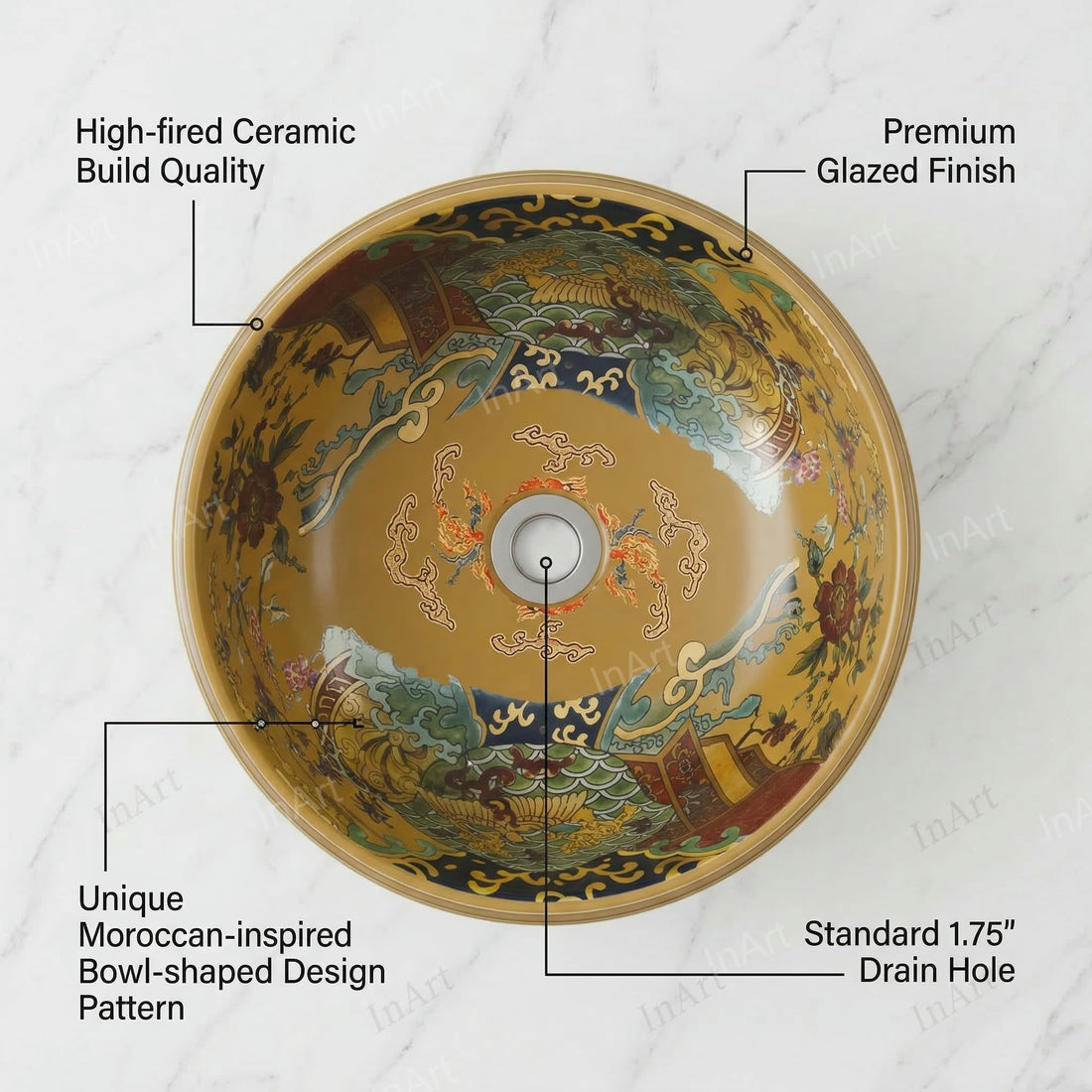 Countertop wash basin design by InArt, round ceramic table top basin with glossy multicolour Moroccan pattern