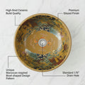 Designer ceramic wash basin with Moroccan pattern, round table top basin shown at angled side view
