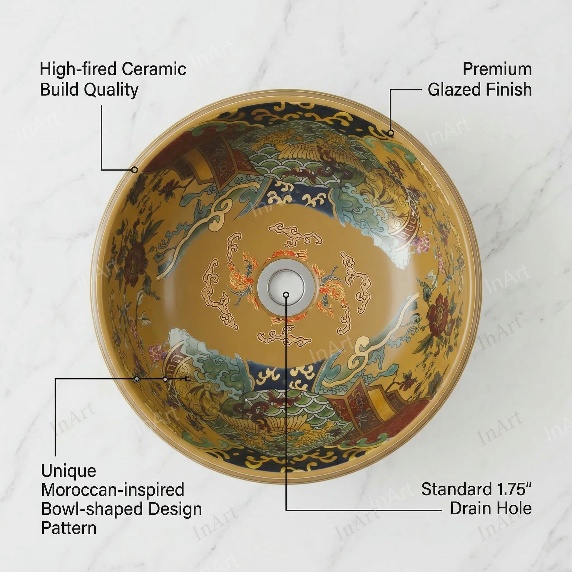 Designer ceramic wash basin with Moroccan pattern, round table top basin shown at angled side view