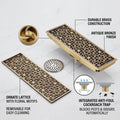 InArt antique brass floor drain jali with cockroach trap, square bronze finish, angled view